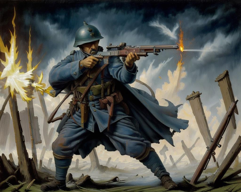 A soldier with a rifle in a painting.