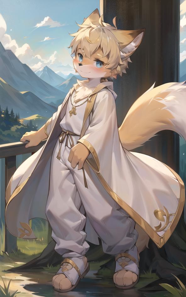 Cartoon image of a fox wearing a white robe, standing by a railing and posing.