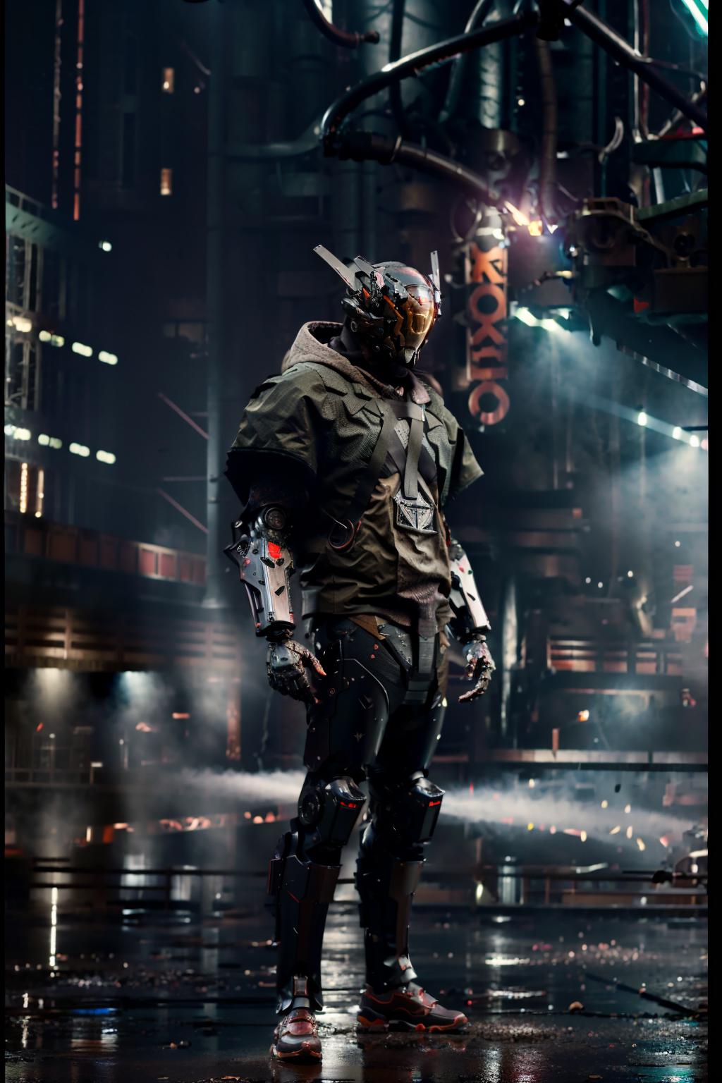A person standing in a futuristic city with a green jacket and metal armor.