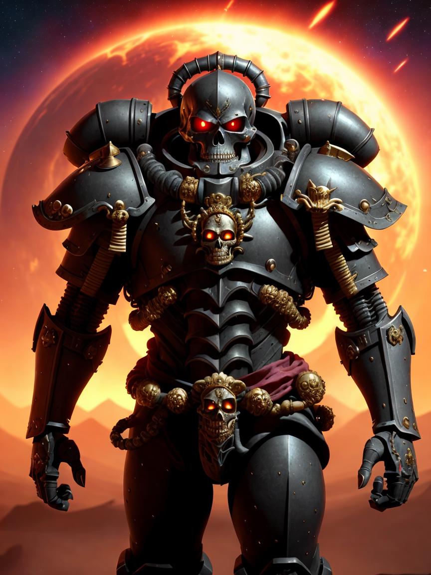 A robotic warrior with a skull on its chest stands in front of a fiery sunset.