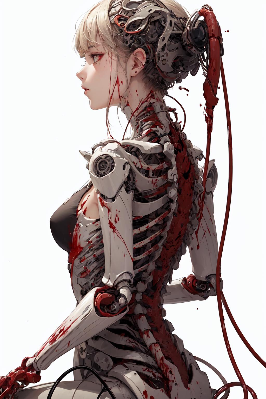 A robot with blood on its arm and a woman's face on its back.