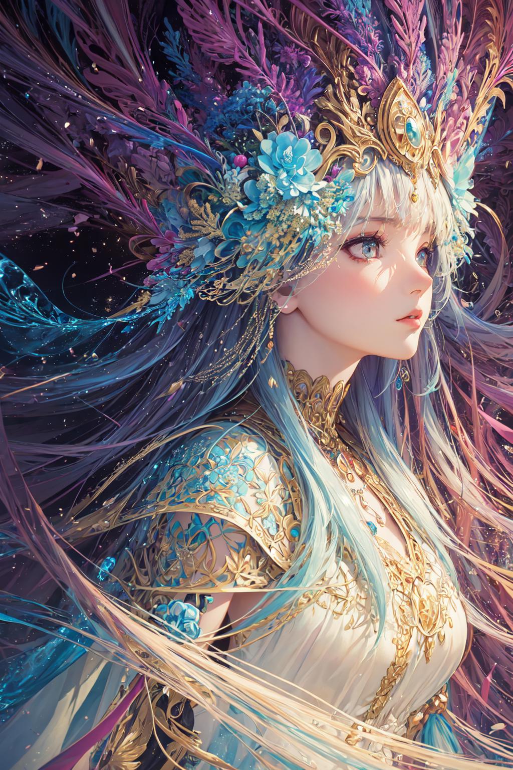 A beautifully drawn illustration of a woman with blue eyes, blue hair, and a crown of flowers.