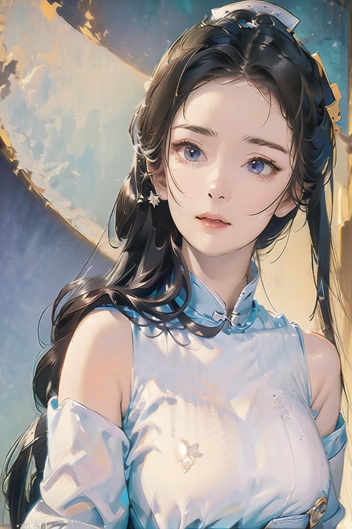 A beautifully drawn image of a girl with blue eyes, wearing a white dress and a necklace.
