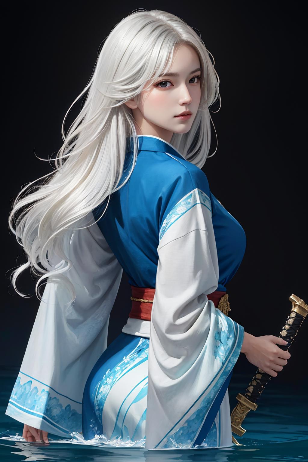 Anime girl with long white hair wearing a blue kimono and holding a sword.