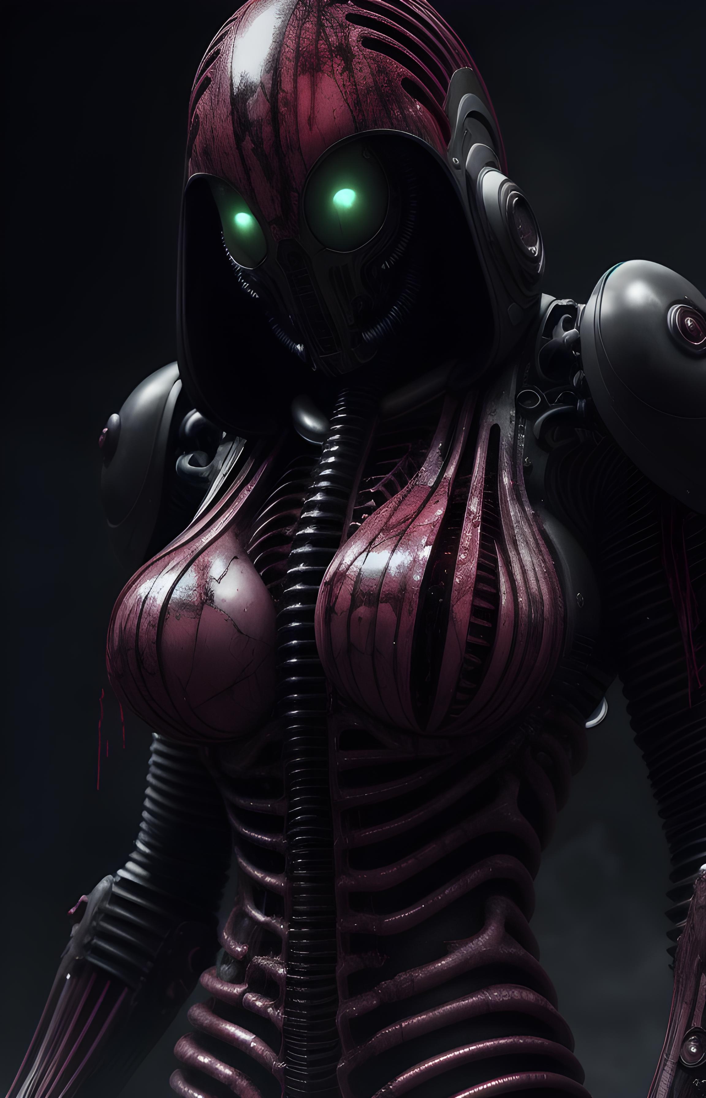 A robotic character with a pink and black outfit, featuring a green mask, a hose, and a hood.