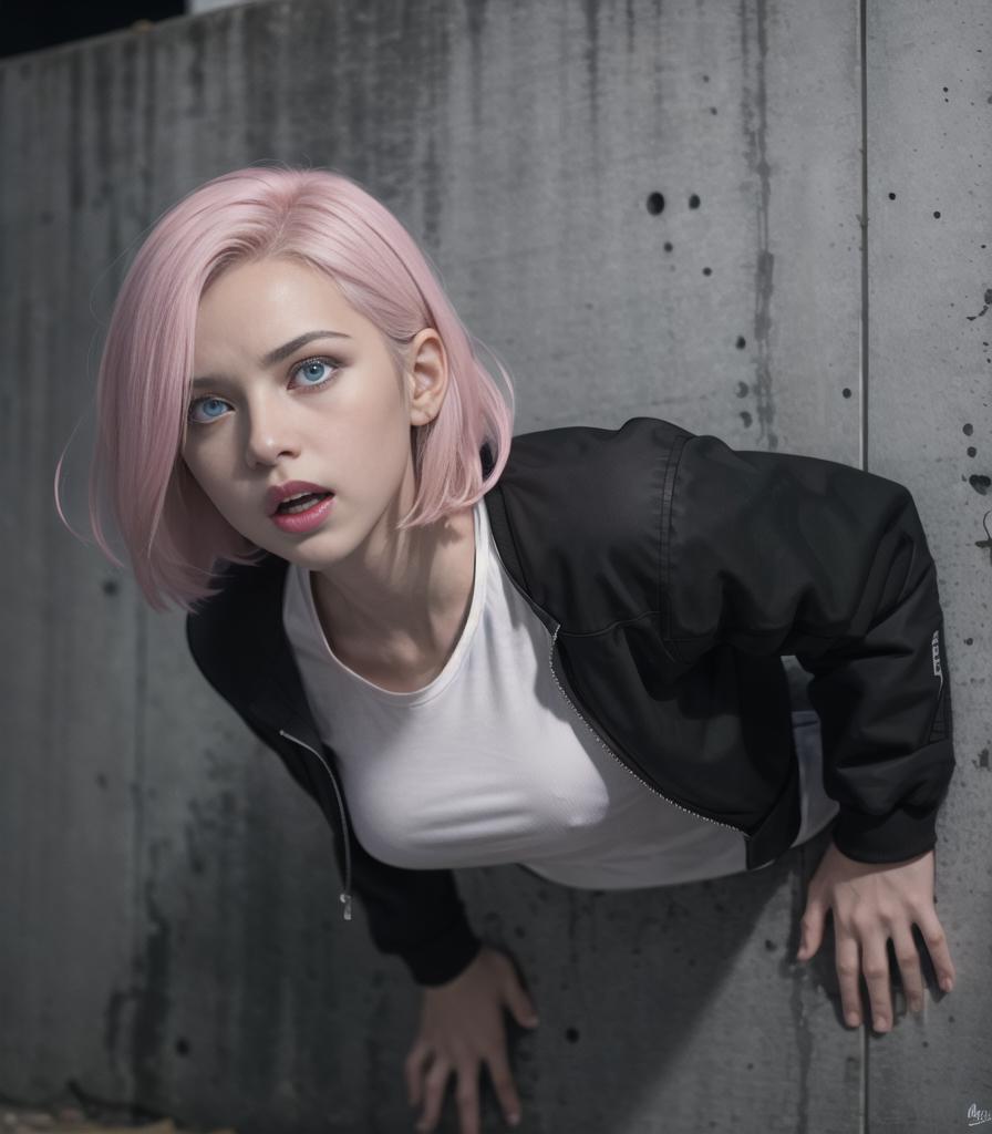 A young woman with pink hair and a white shirt wearing a black jacket and leaning against a wall.