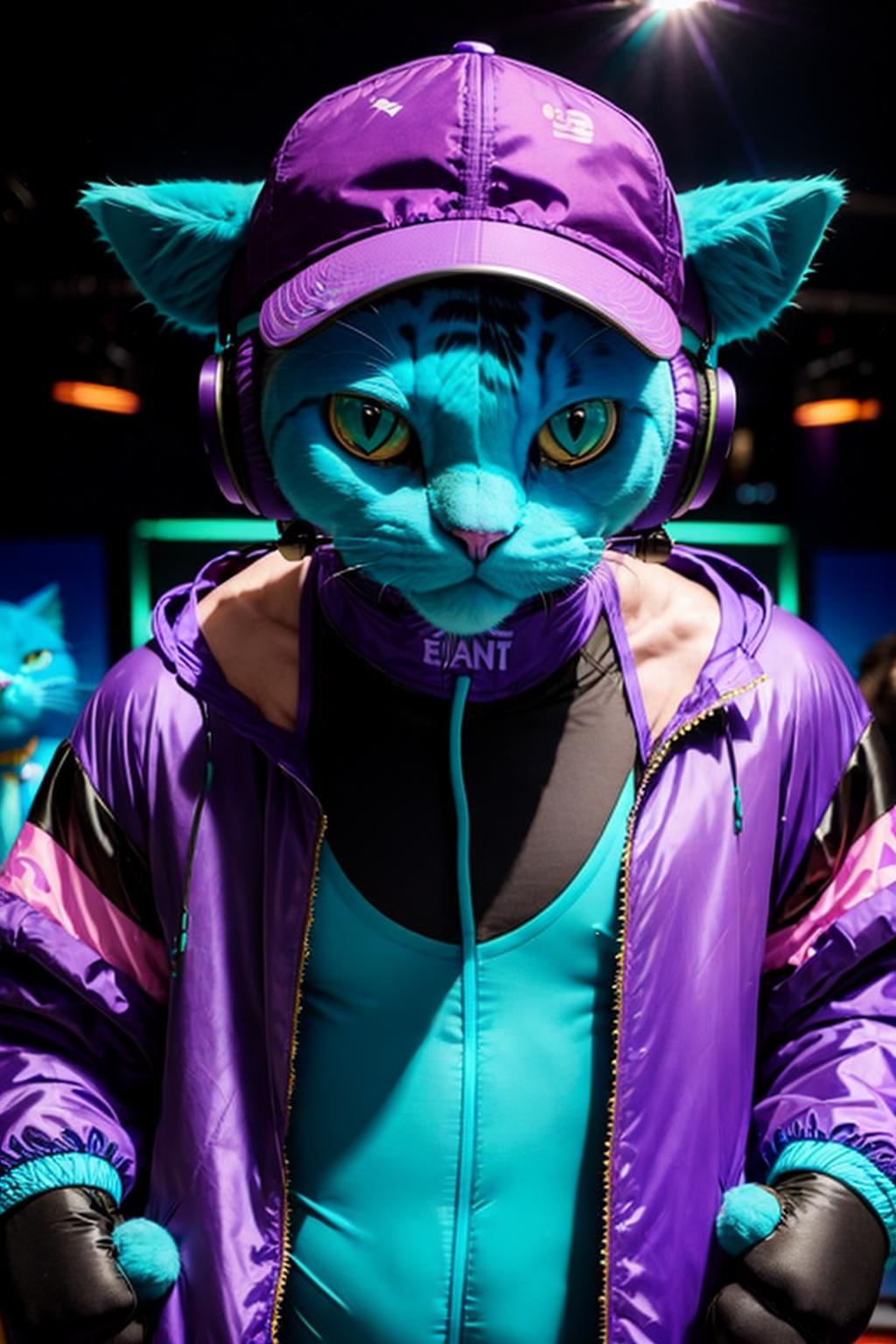A person wearing a purple jacket with a blue cat head and cat ears, holding a pair of headphones.