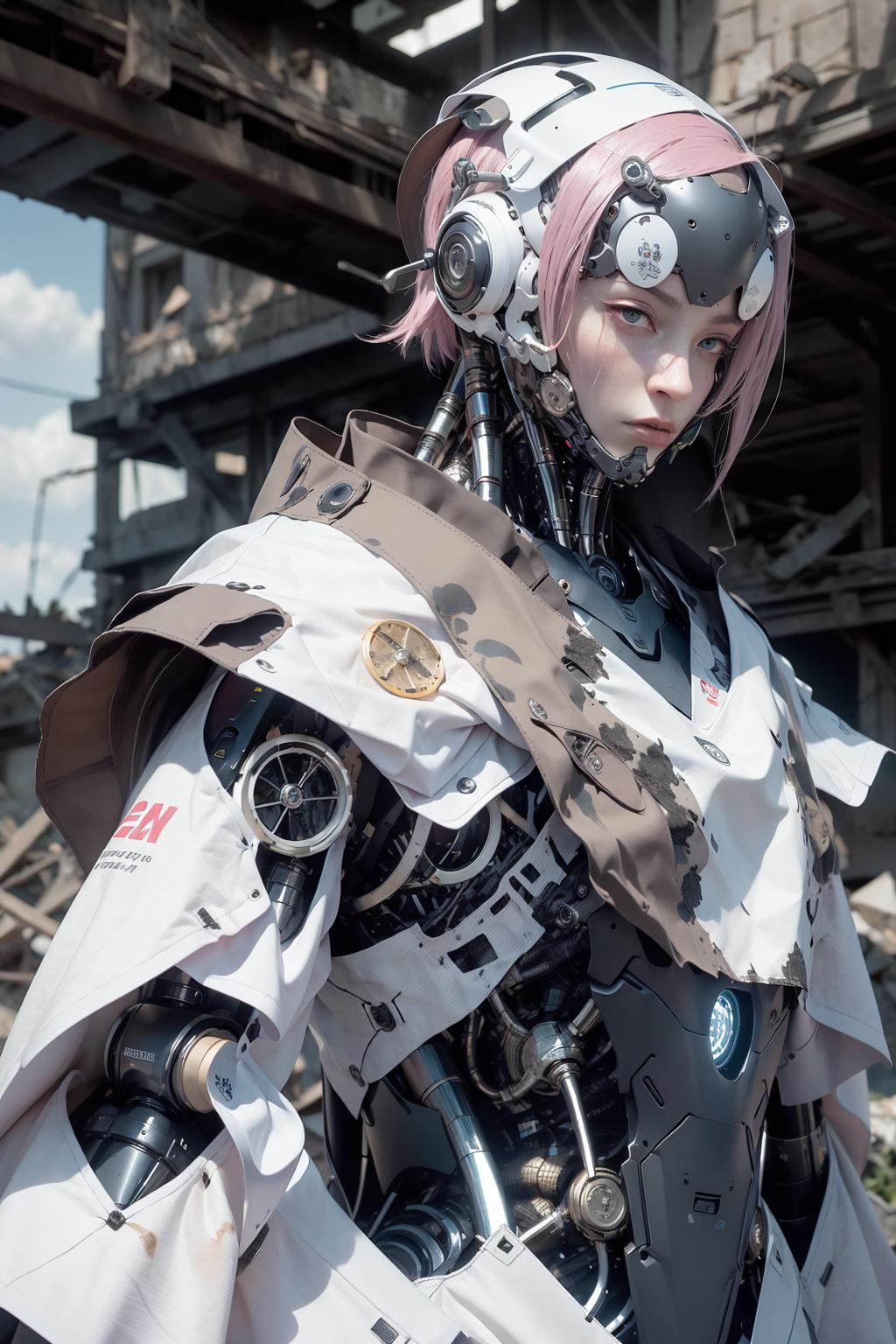A woman with pink hair is wearing a jacket and a robotic arm.