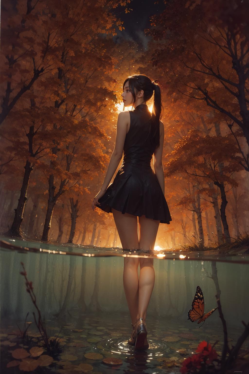 A woman in a black dress stands in water, surrounded by a forest and a butterfly nearby.