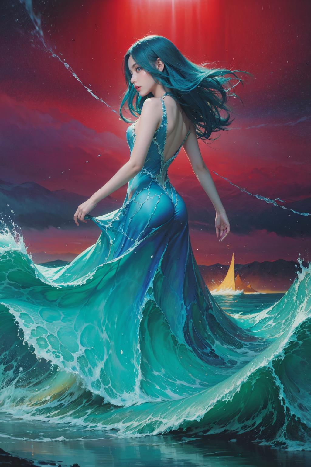 Artistic Painting of a Woman in a Blue Dress Standing in the Ocean