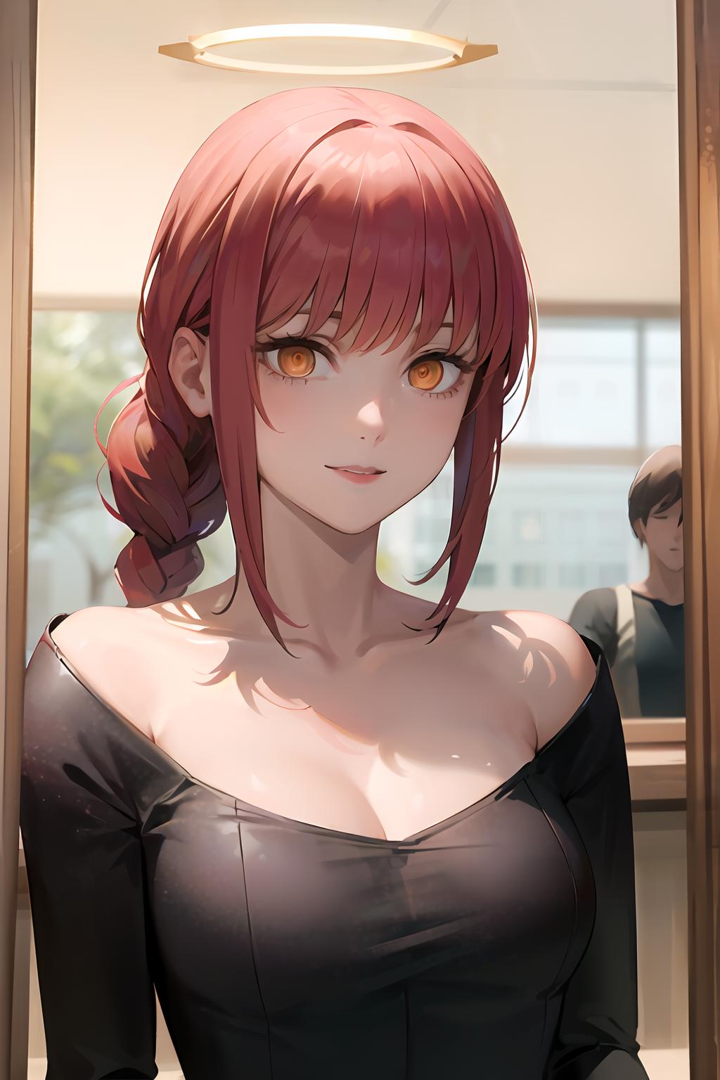 A red-haired anime girl wearing a black dress and looking at the camera.