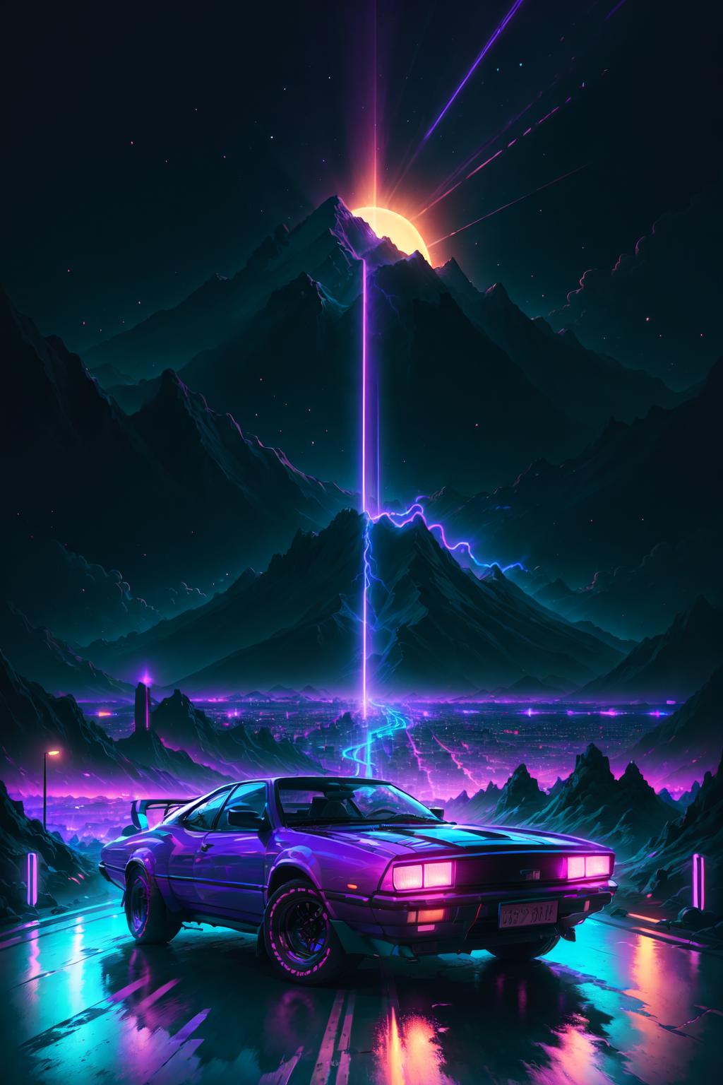 A purple sports car drives through a mountain range at night with a glowing beam behind it.