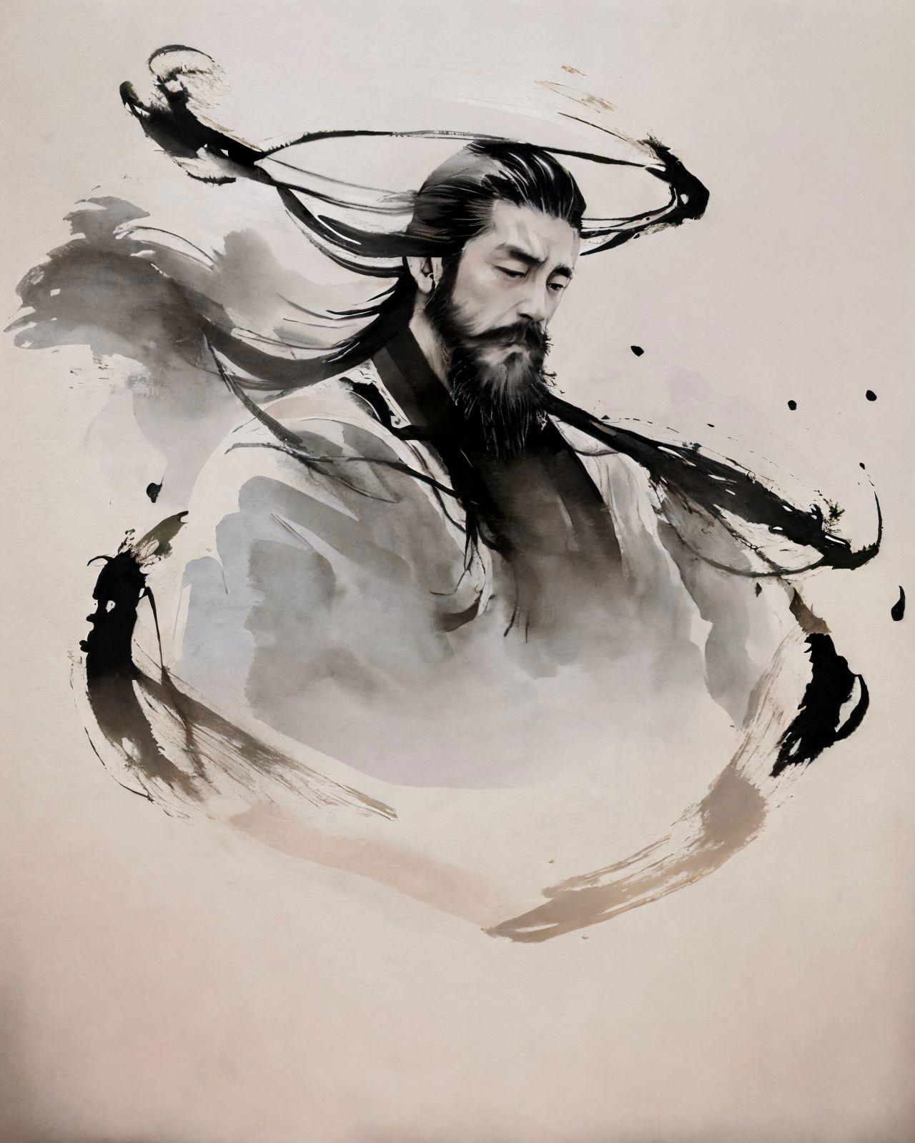 A man with a beard and long hair, wearing a black shirt, is depicted in a painting.