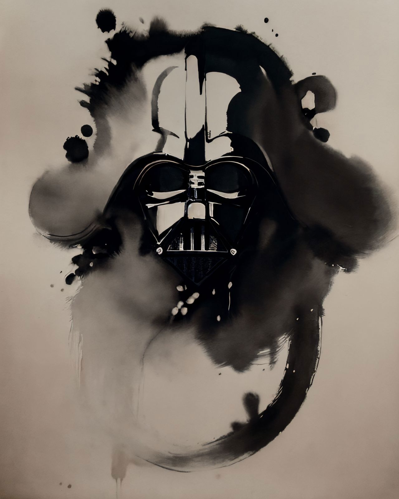 A black and white painting of Darth Vader's helmet.