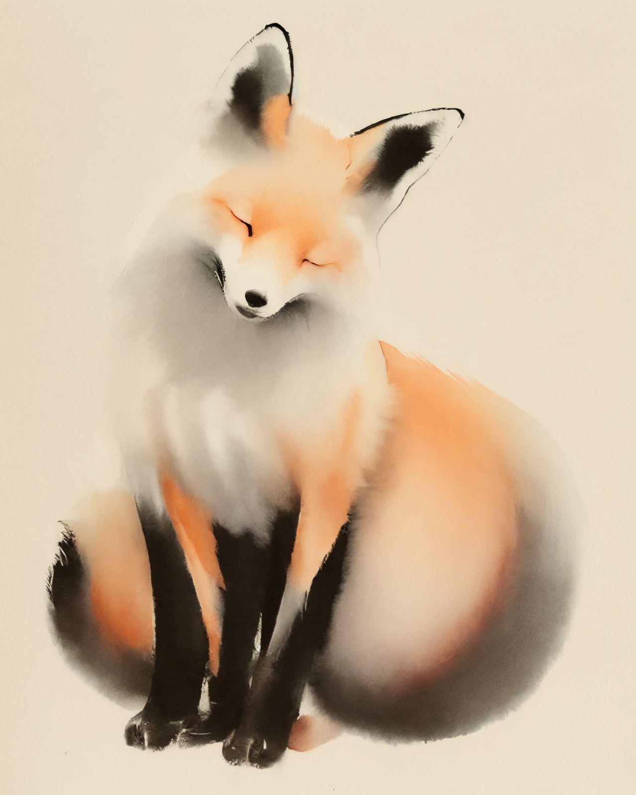 A fox sits with its eyes closed, looking peaceful.