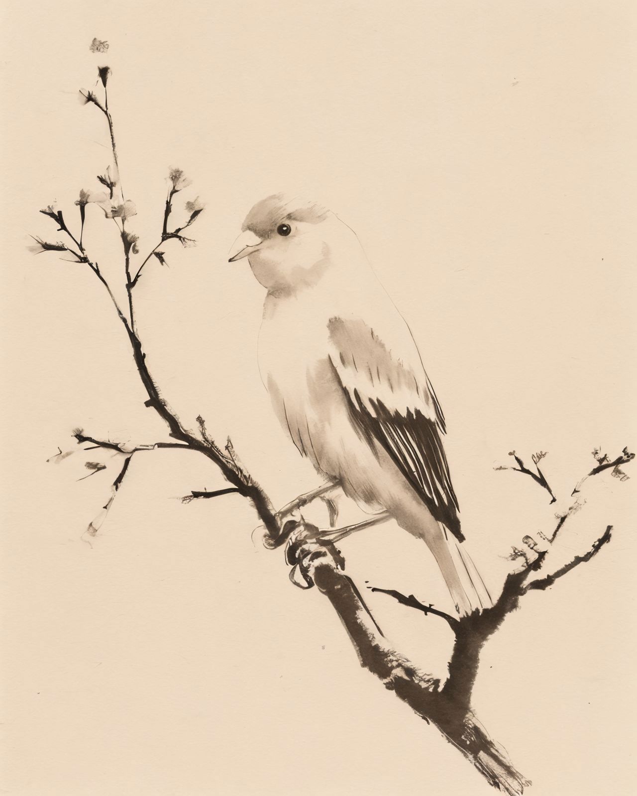Black and White Drawing of a Bird Perched on a Branch