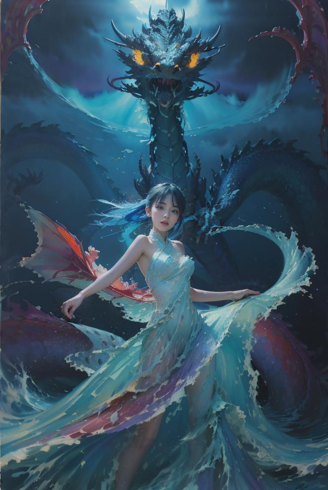 A woman with blue hair is dancing beside a blue sea dragon.