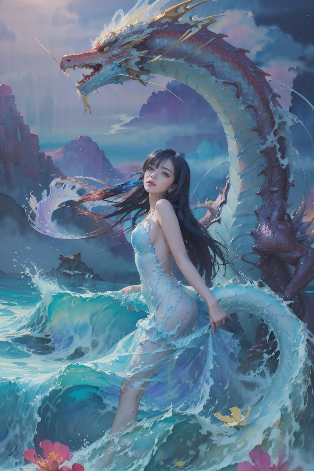 An Artistic Painting of a Girl in a Swimsuit with a Dragon in the Ocean