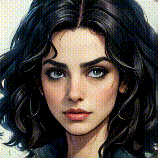 A beautifully drawn portrait of a woman with long dark hair and blue eyes.