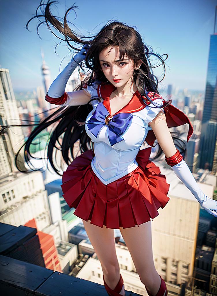 A Sailor Moon Cosplay Girl Posing in a Skirt and Boots.
