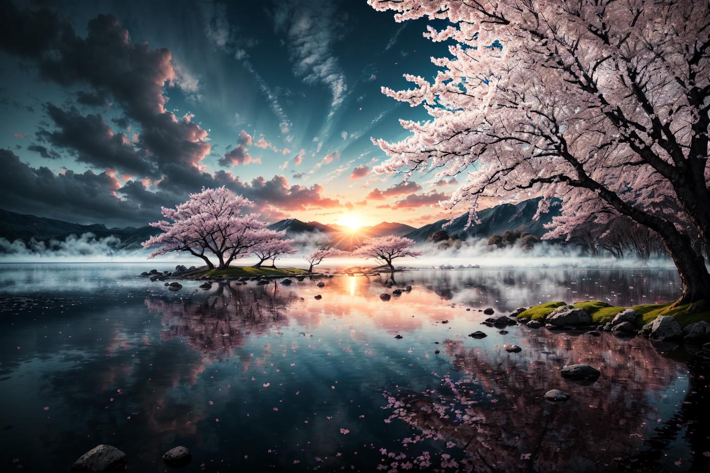A serene scene of a lake with blooming cherry blossoms and mountains in the background.