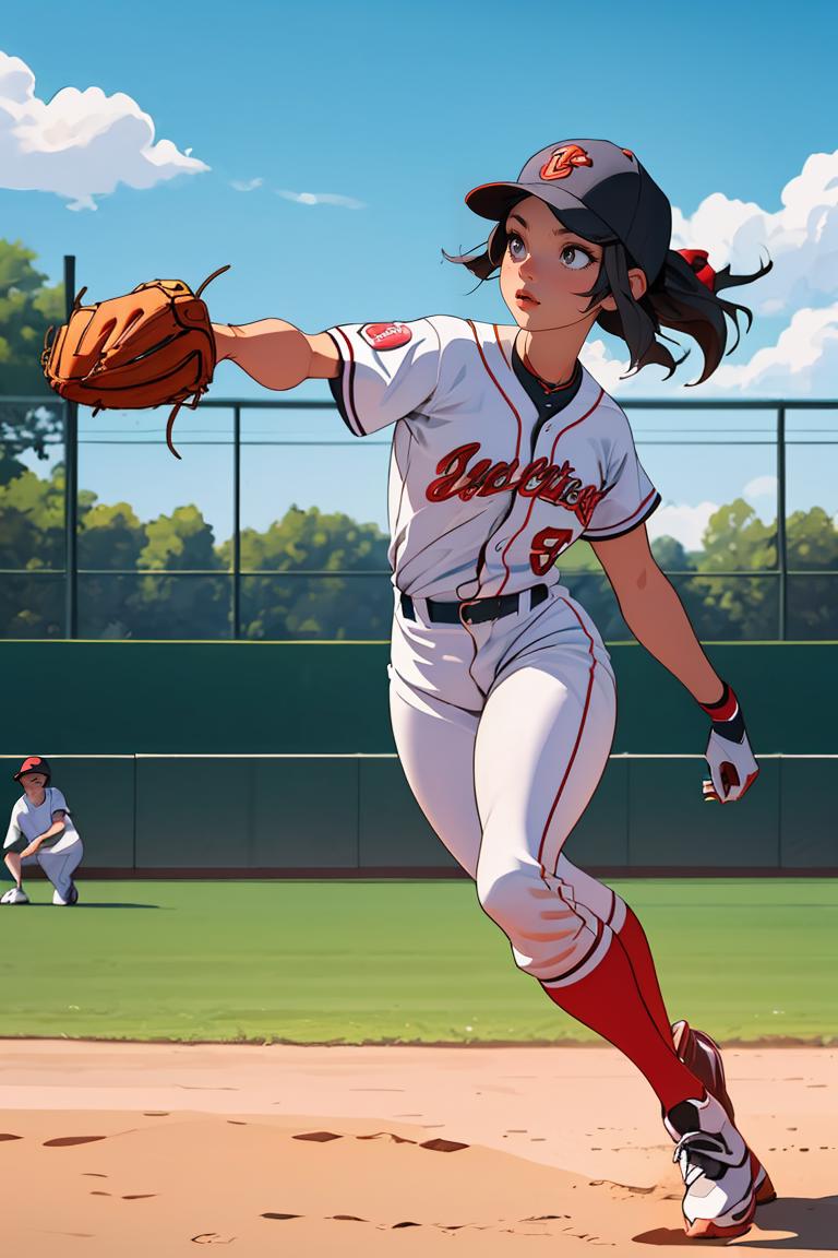 A cartoon drawing of a woman in a baseball uniform, throwing a ball with a catcher's mitt.