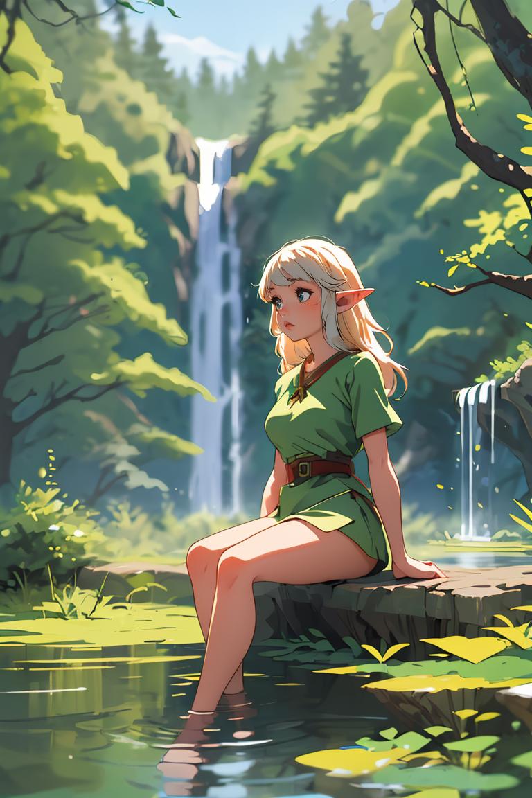 A woman in a green dress sits on a rock near a waterfall.