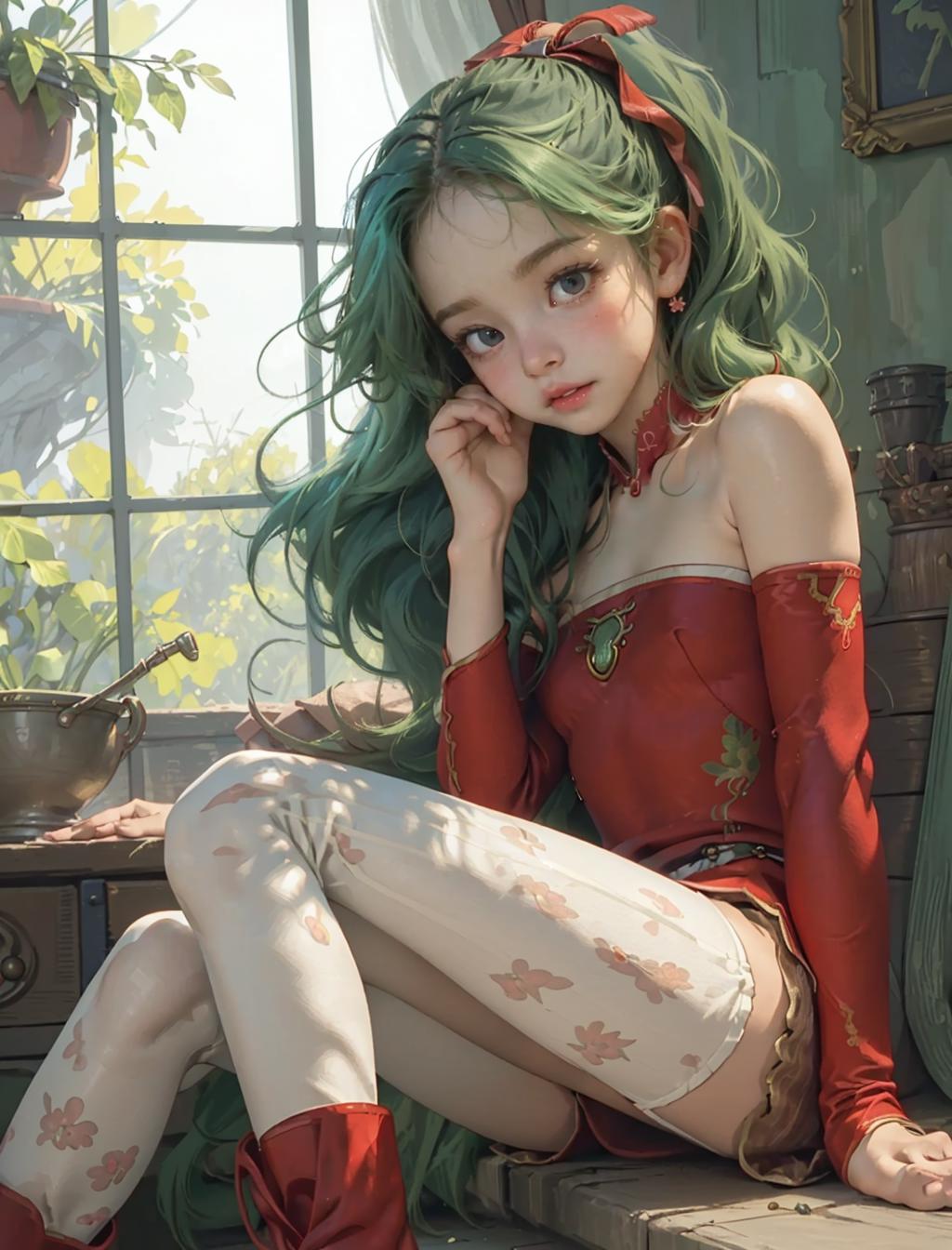 Anime-style illustration of a green-haired woman with flower-patterned stockings.