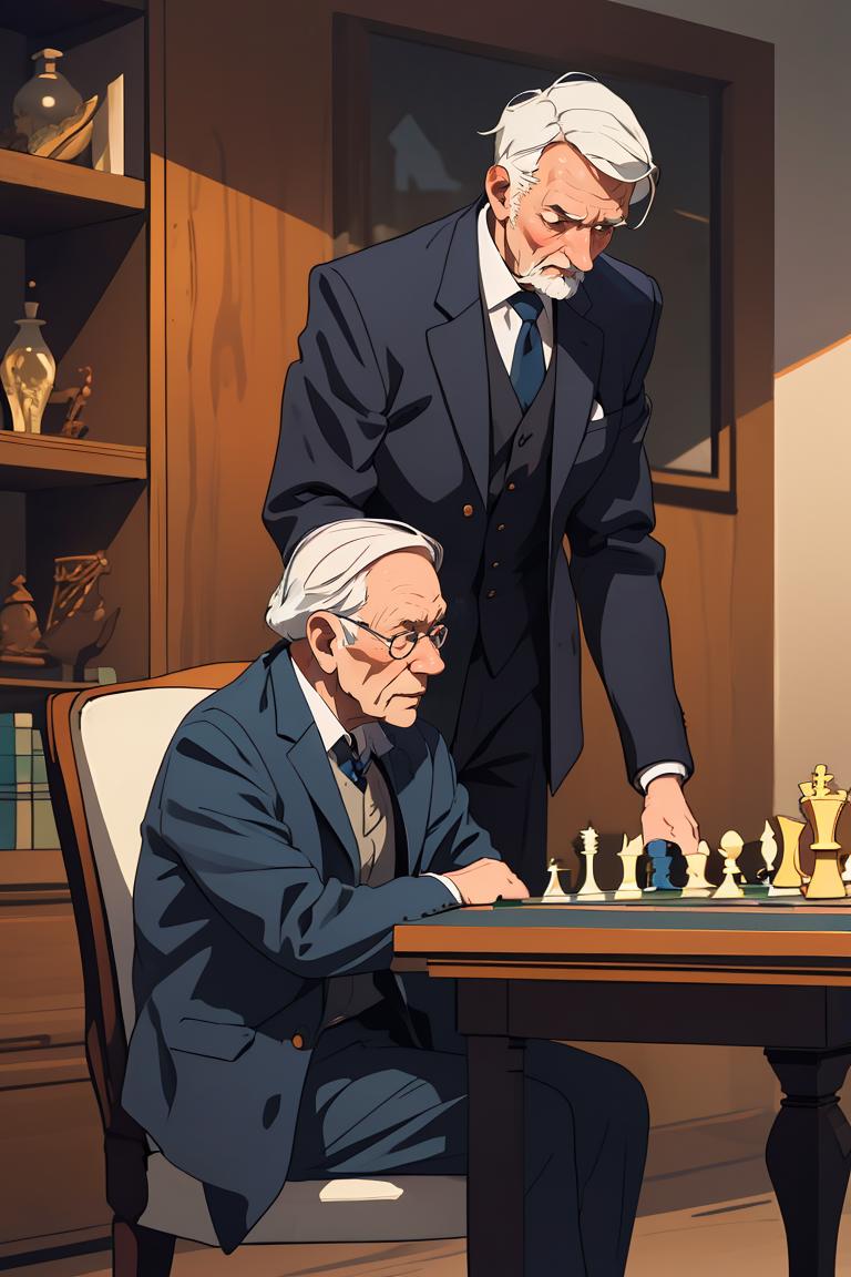 Two men playing chess in a living room.
