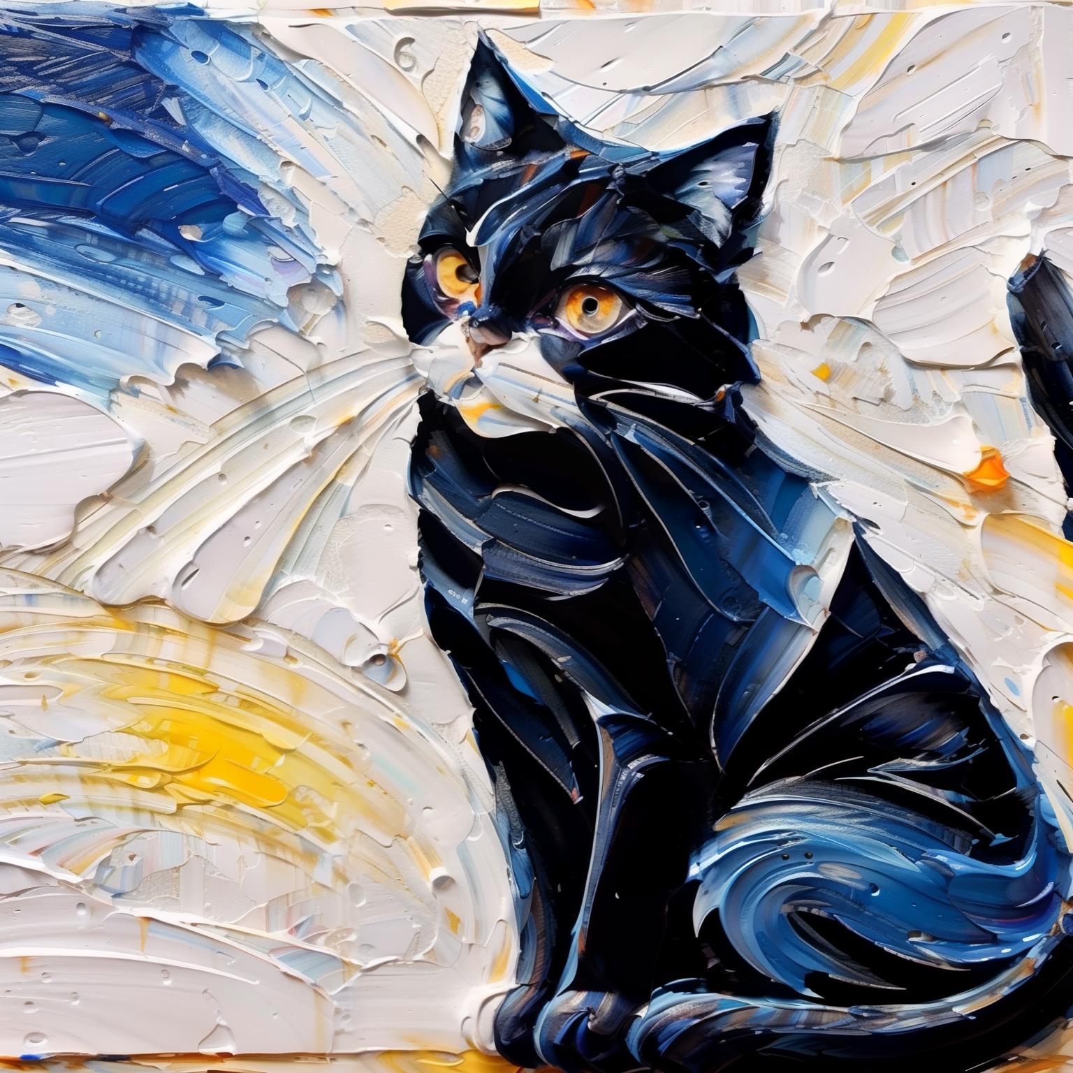 A black cat with orange eyes is painted on a canvas.