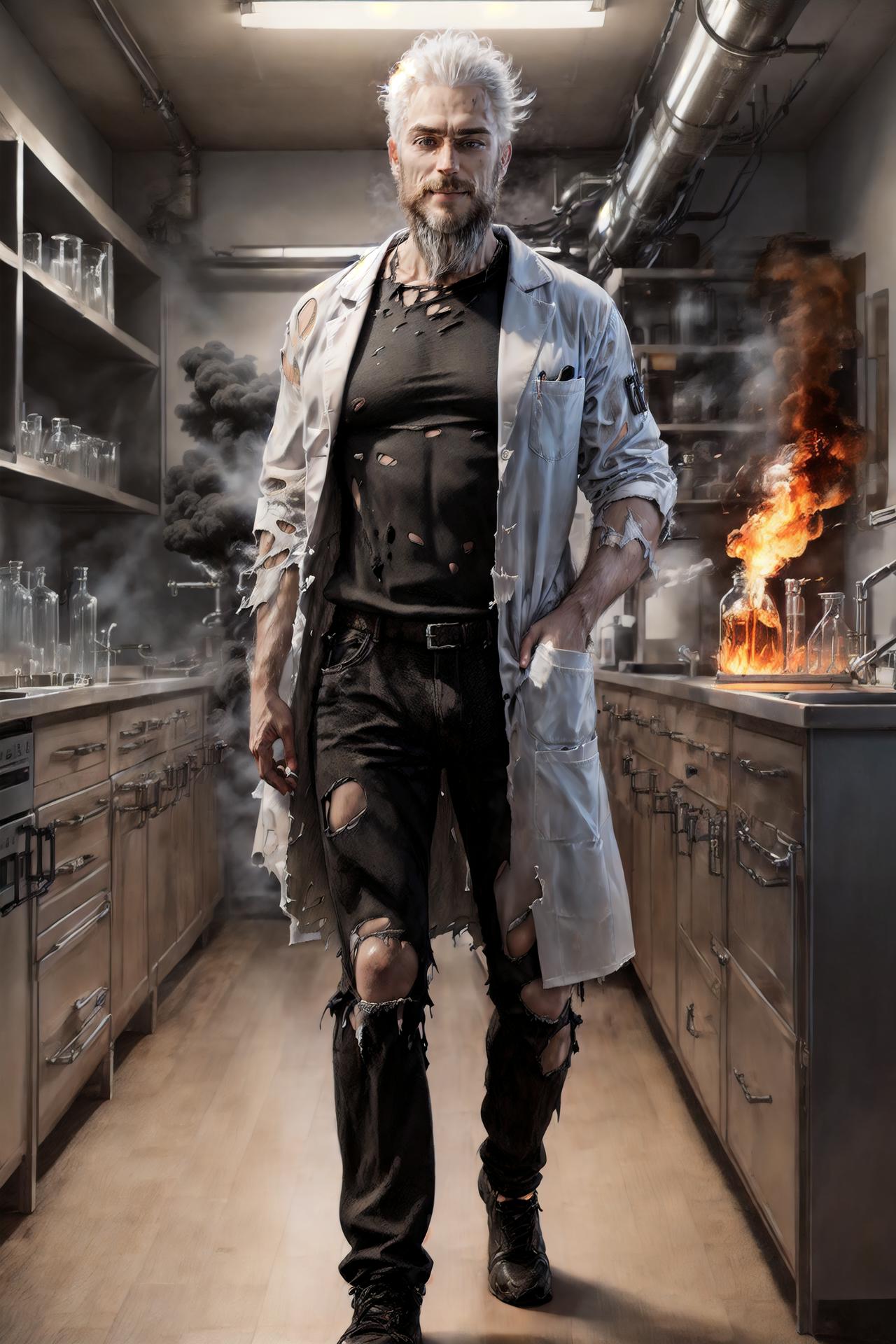 A man in a white lab coat with a black t-shirt underneath standing in a lab.