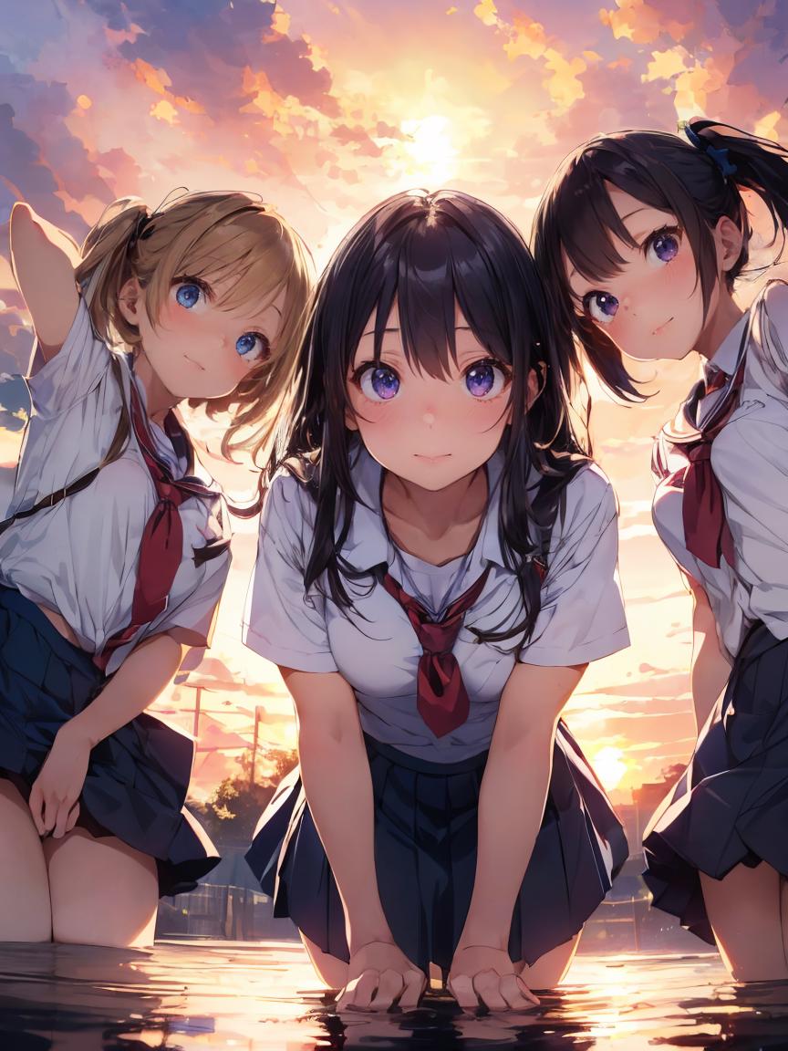 Three cartoon anime girls posing together in white and blue school uniforms.