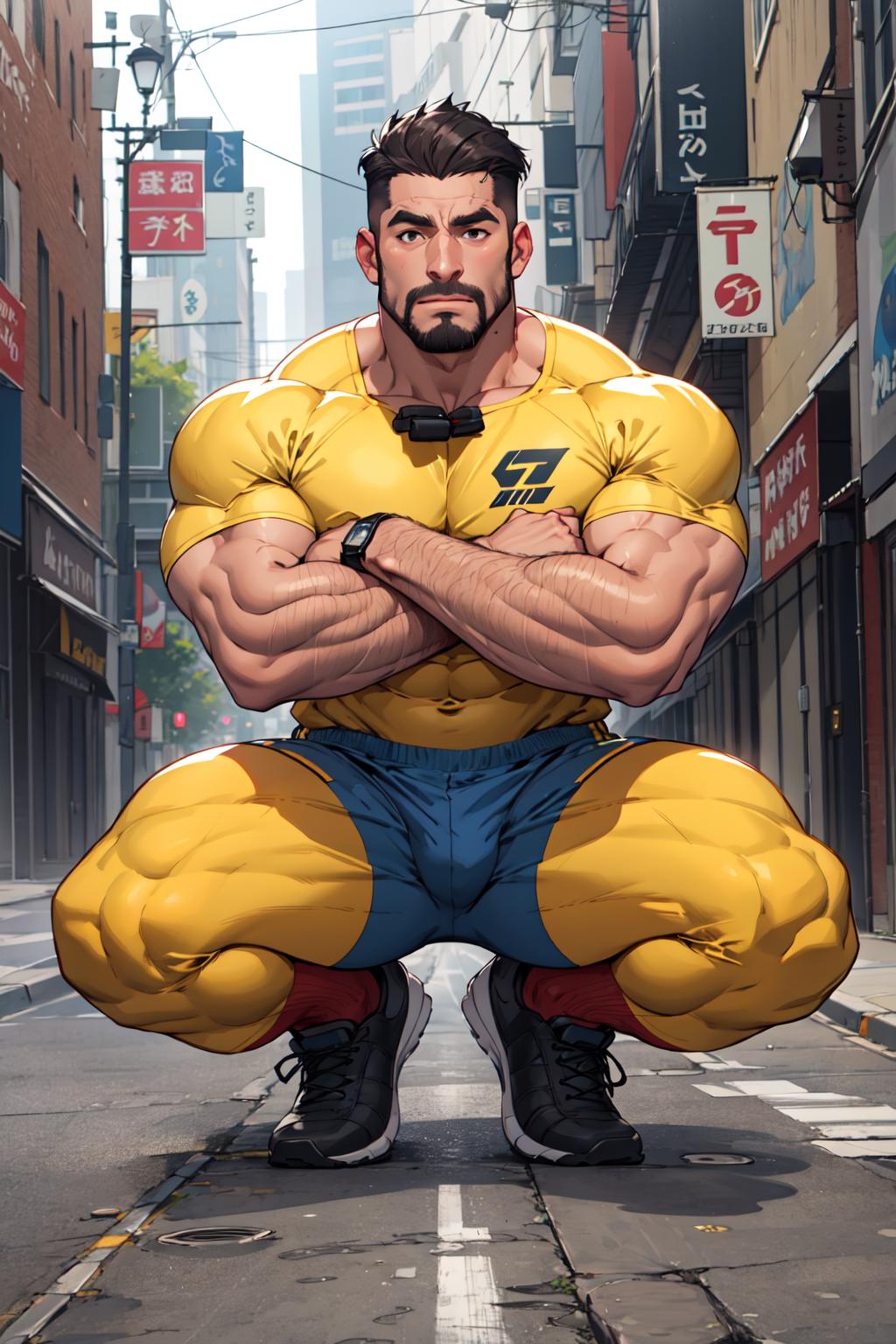 A man wearing a yellow shirt and yellow pants with a yellow belt is sitting on the street.