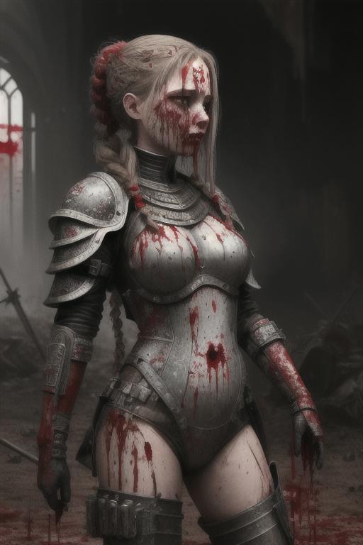 A warrior with long blonde hair and a sword, covered in blood.