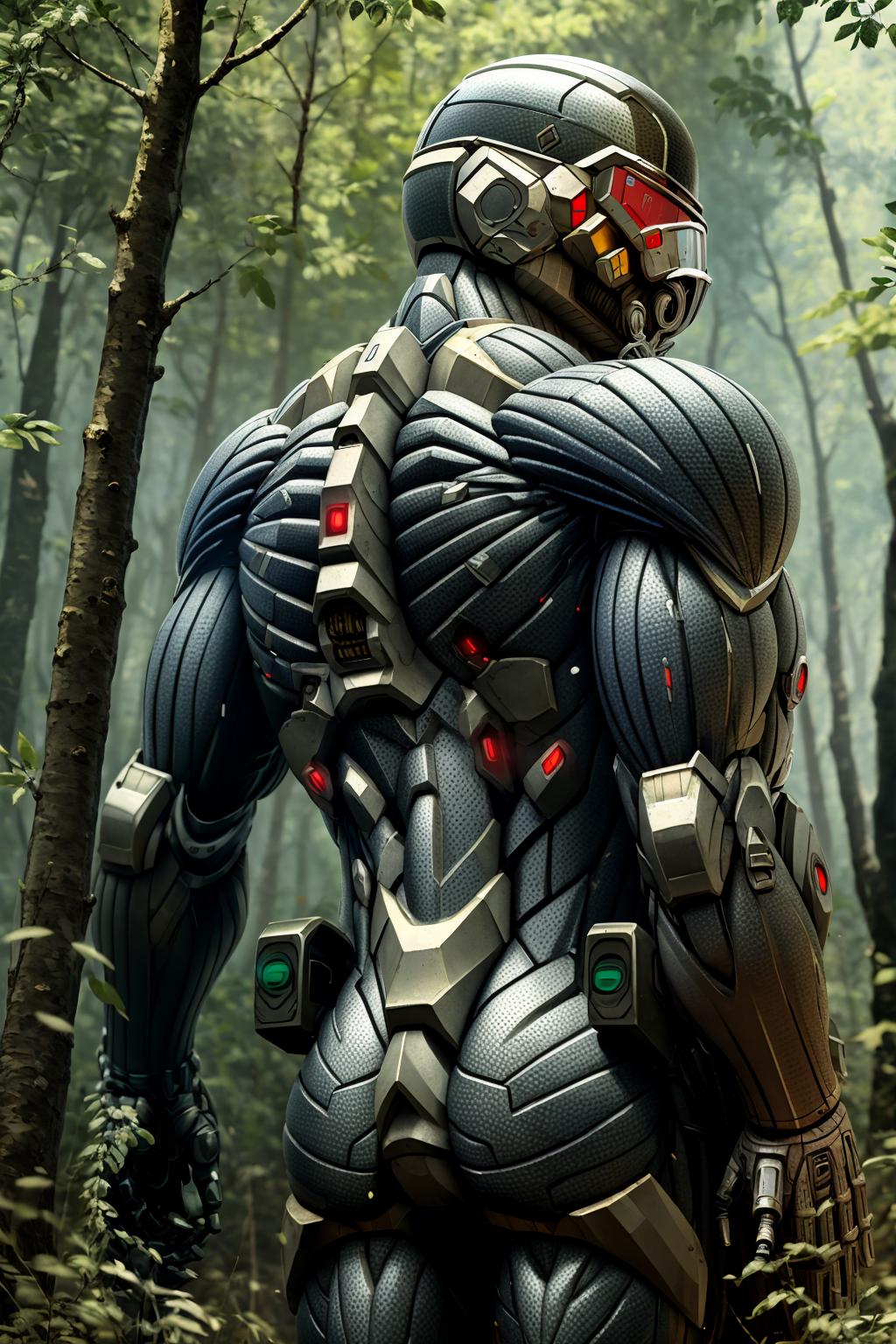 Futuristic Robot with Green Circuitry in Wooded Area