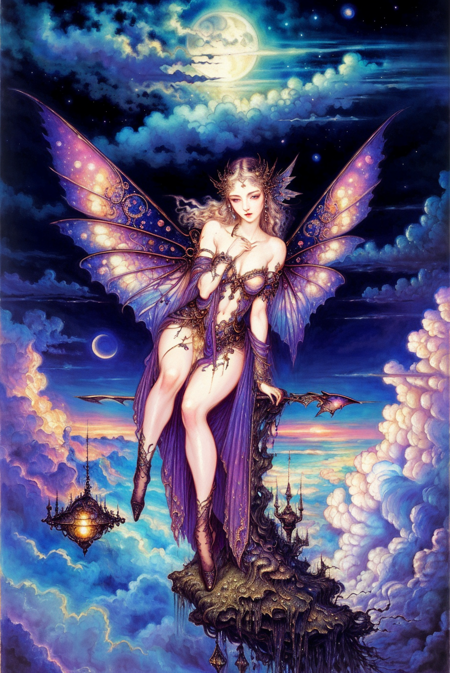 A Fantasy Artwork of a Female Fairy with Purple Wings and a Blue Dress.