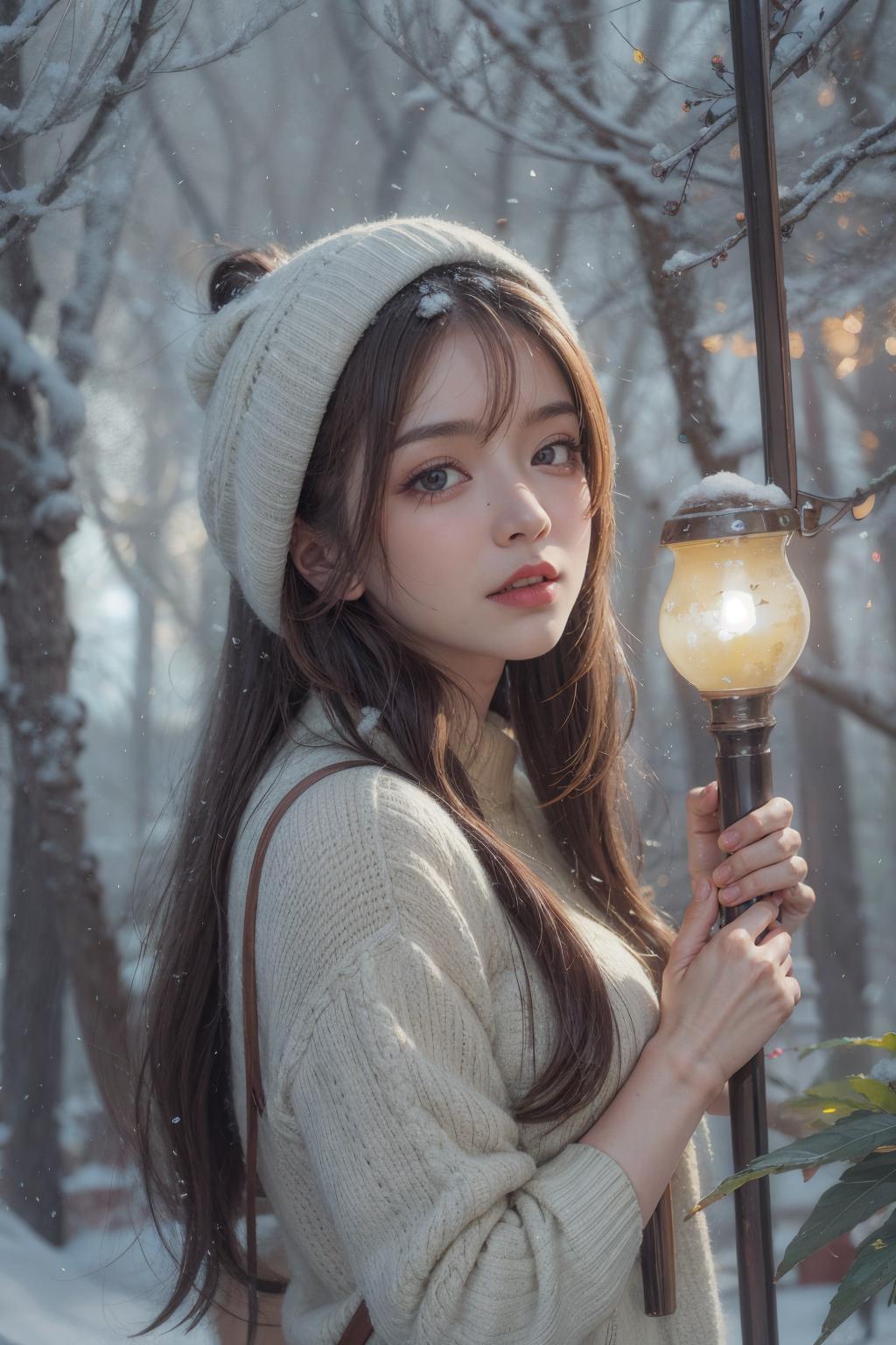 A woman in a knit winter sweater and hat holding a light.