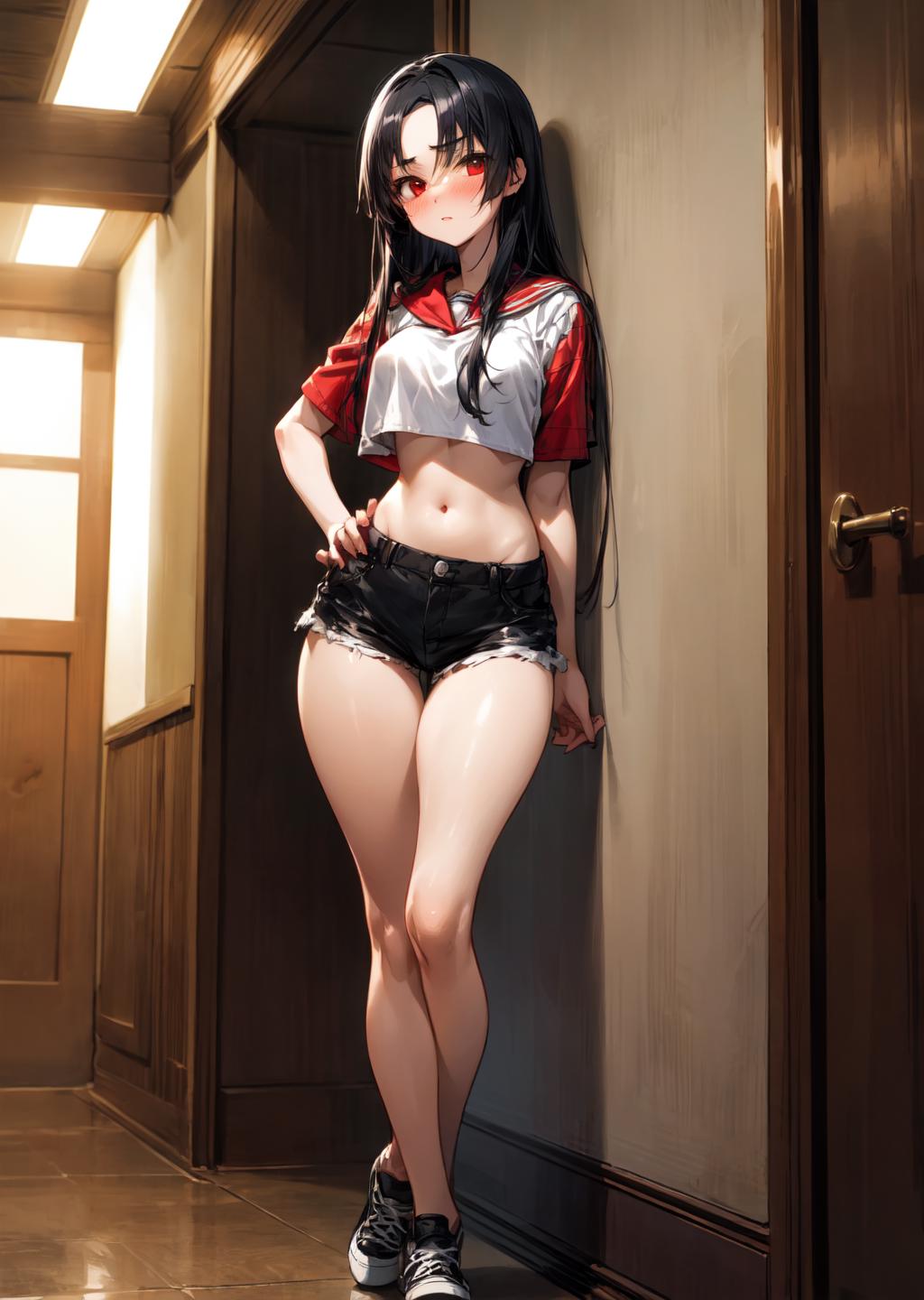 A cartoon anime girl with red eyes and red lips is wearing a white and red top and jean shorts. She is standing in a hallway and leaning against a door.