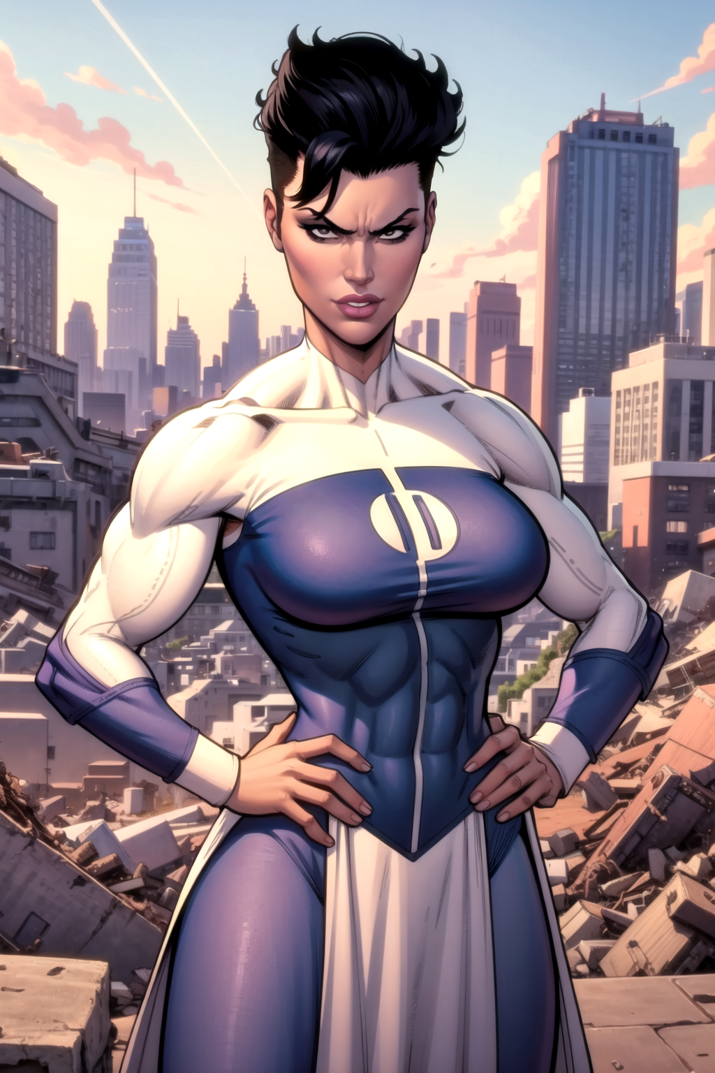The superheroine in a blue and white costume posing in the city.