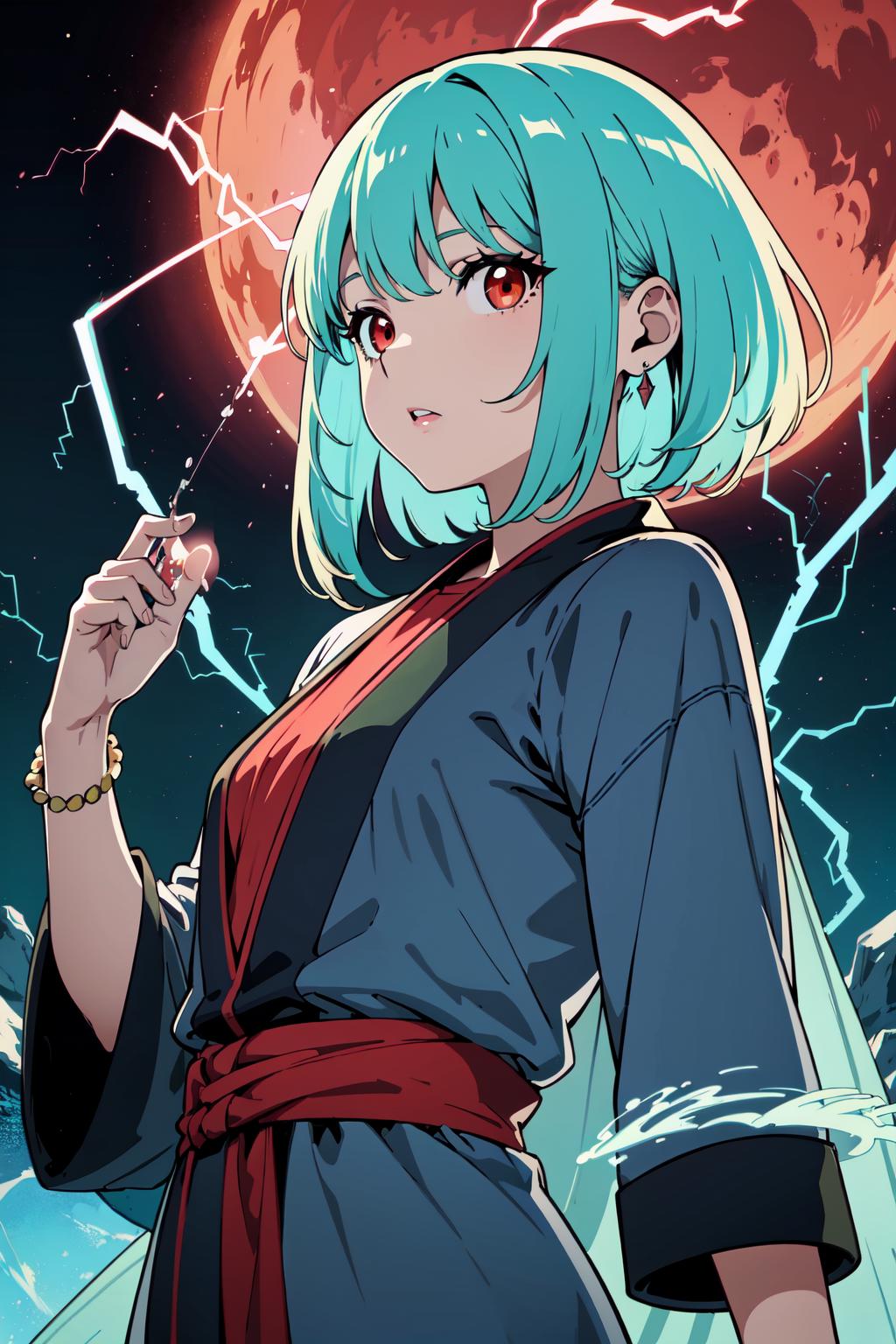 A cartoon anime character with a red ribbon and green hair stands in front of a moon and stars.