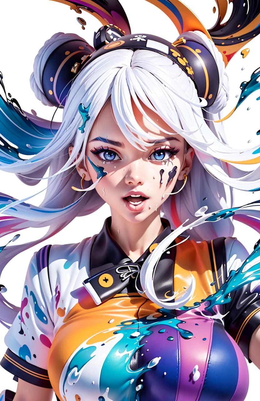 A beautiful, white-haired woman with blue eyes and painted eyes, possibly a character from an anime or a cosplay, wearing a white and orange outfit.