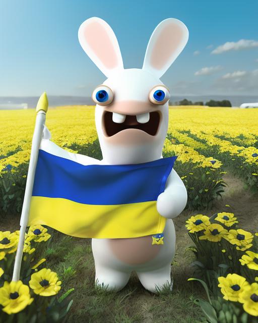 A white rabbit with blue eyes is holding a blue and yellow flag.