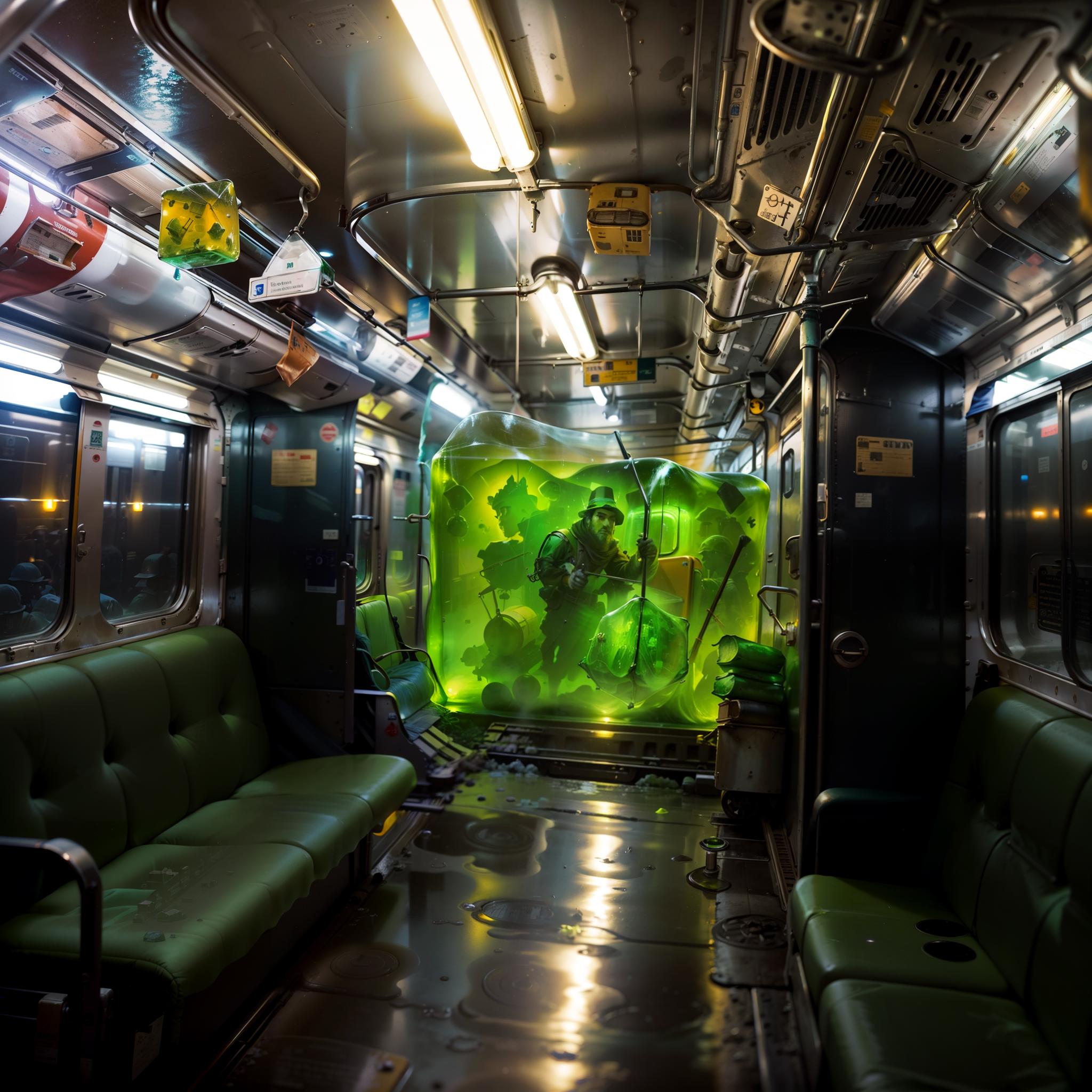 A person is standing in a subway train car with a green tarp in front of them.
