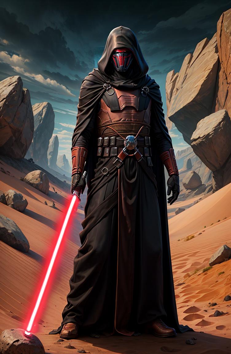 A person dressed in black is holding a red light saber.