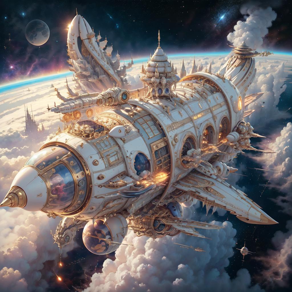 Artistic Illustration of a Futuristic Spacecraft with Wings and Multiple Decks