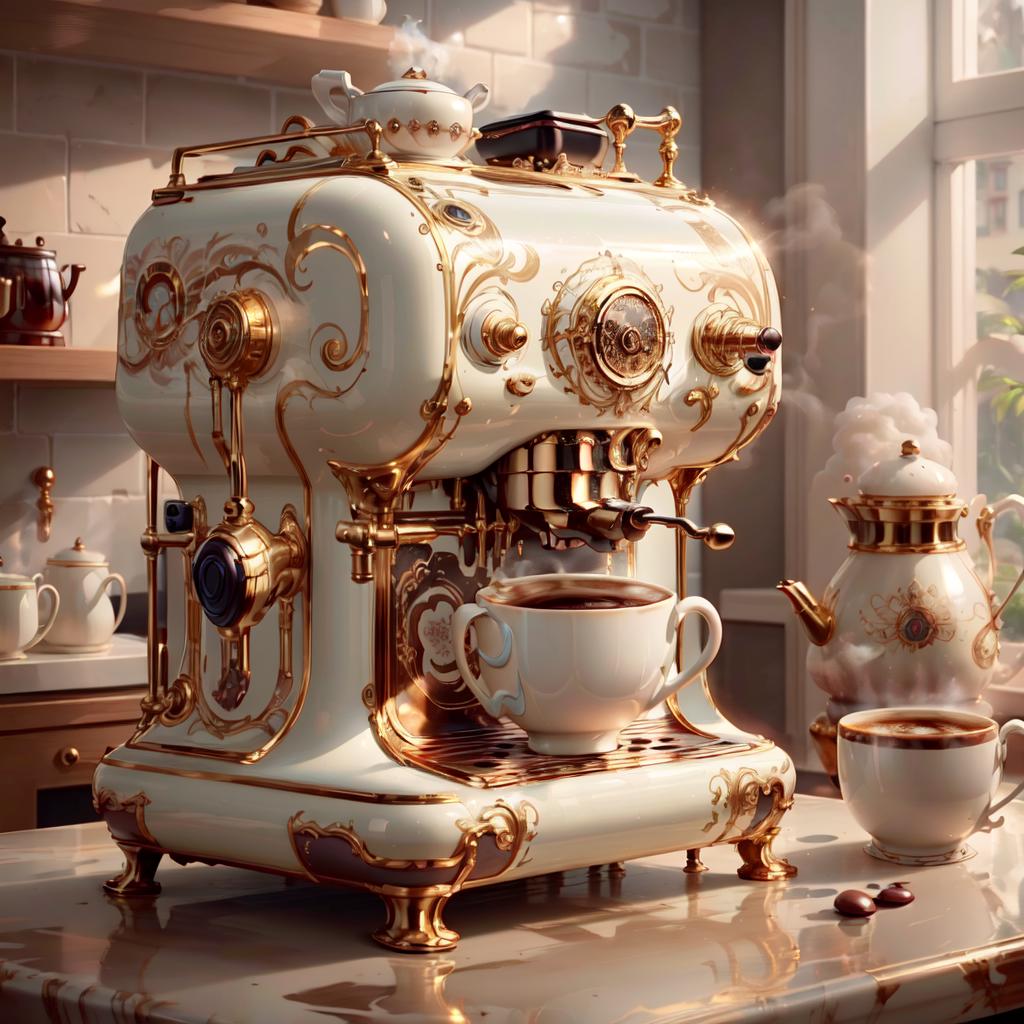 A gold and white coffee machine with a cup of coffee on the counter.