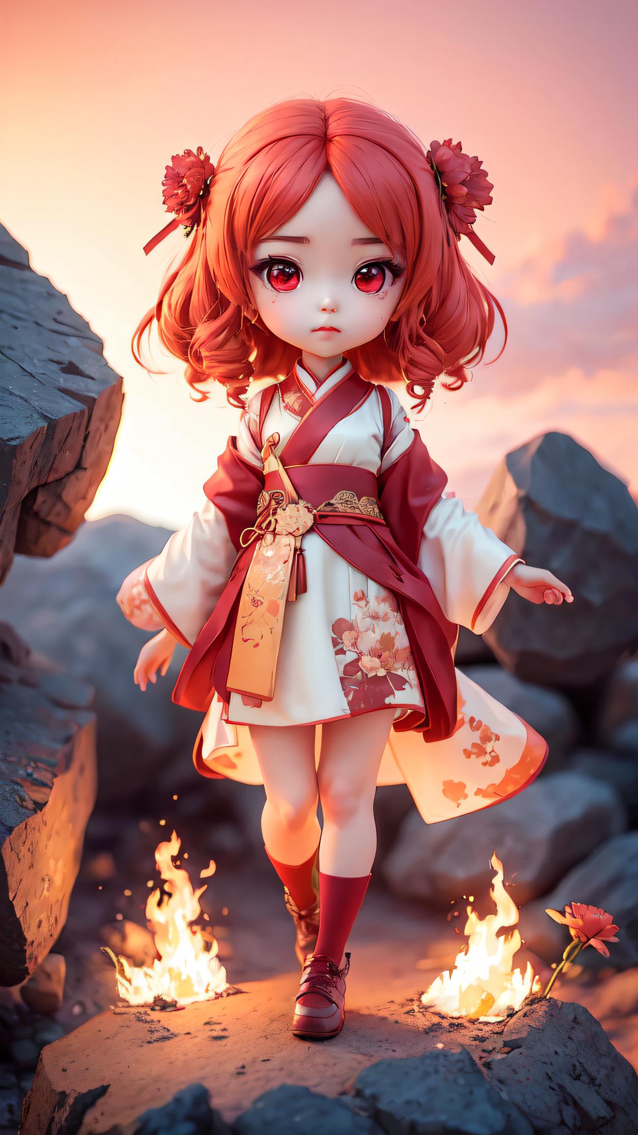 An Anime Doll with a Red Bow, Standing on Rocks, Wearing a White Kimono with Red and Orange Flowers.