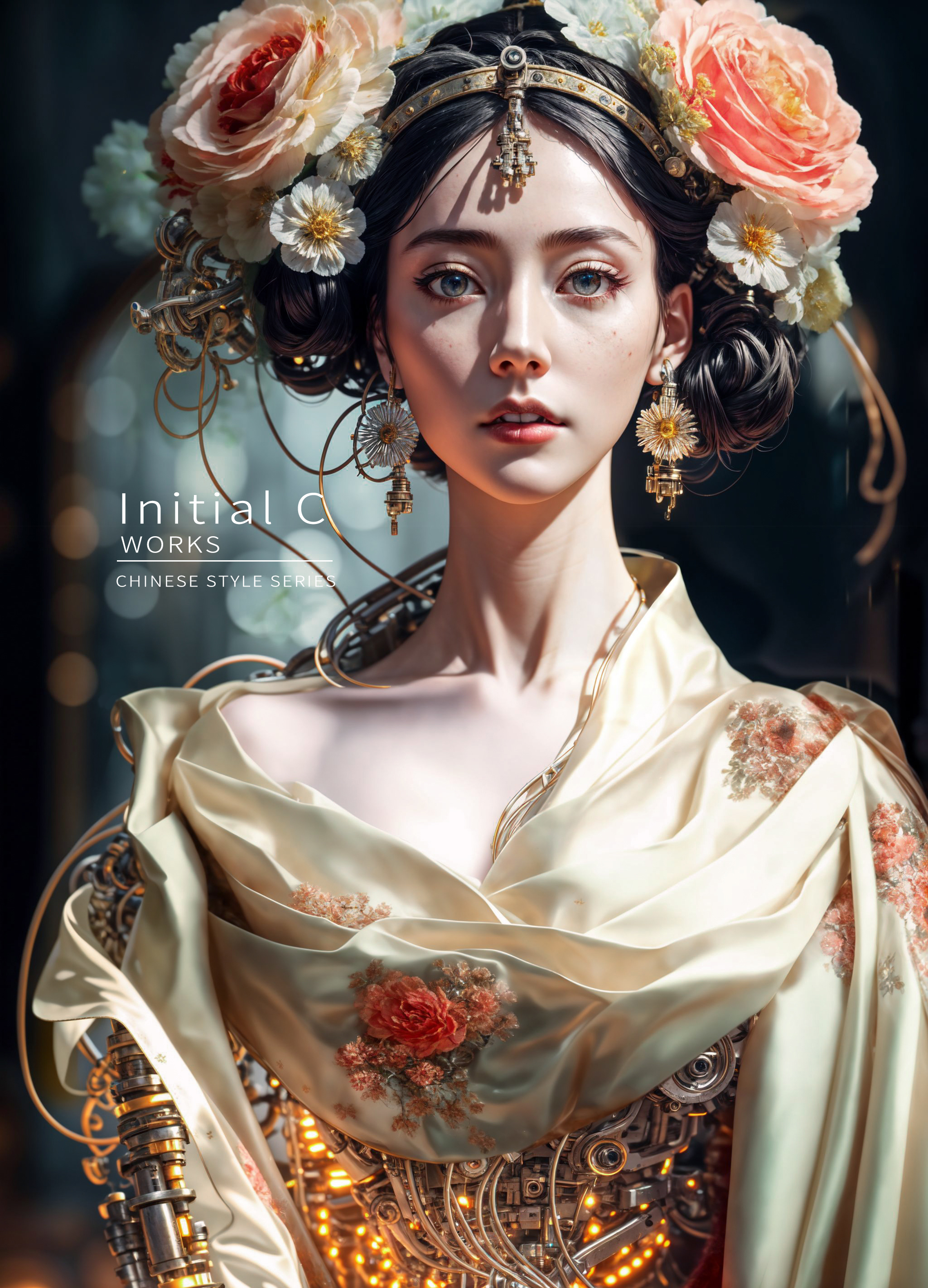 Initial C Works - Chinese Style School - Digital Art of a Woman with Flowers in Her Hair.