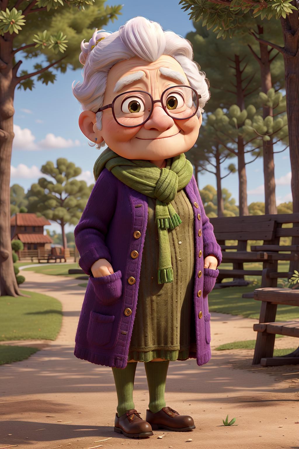 A purple-clothed, glasses-wearing character stands in front of a forest.