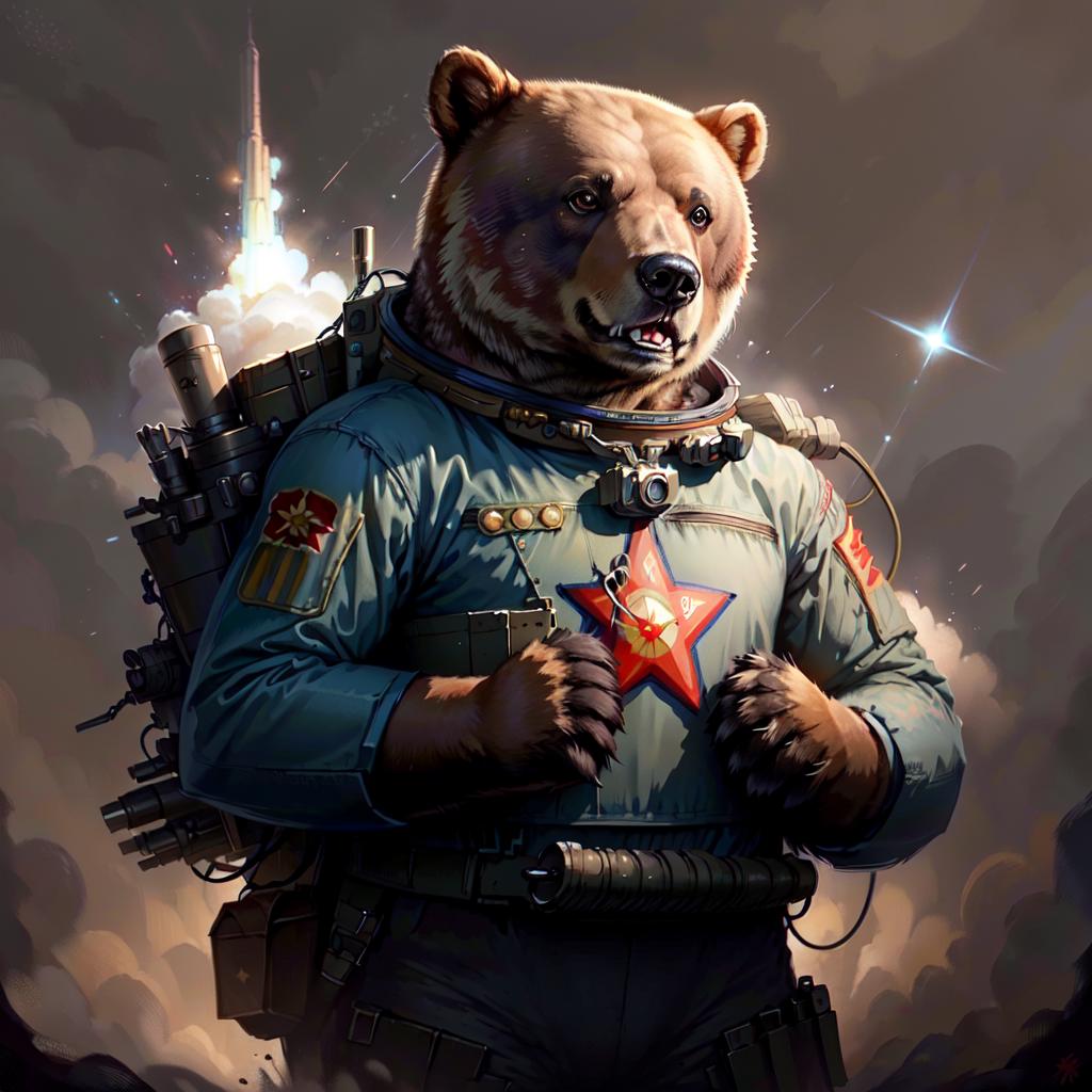 Astronaut Bear with a Star on His Chest and a Rocket in the Background